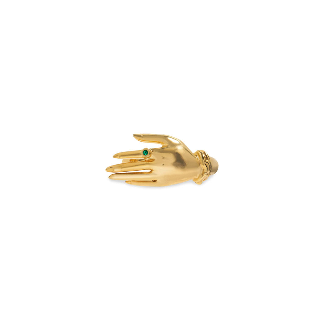 Anel de mão em prata 925 e banho de ouro 18k adornado com esmeralda
