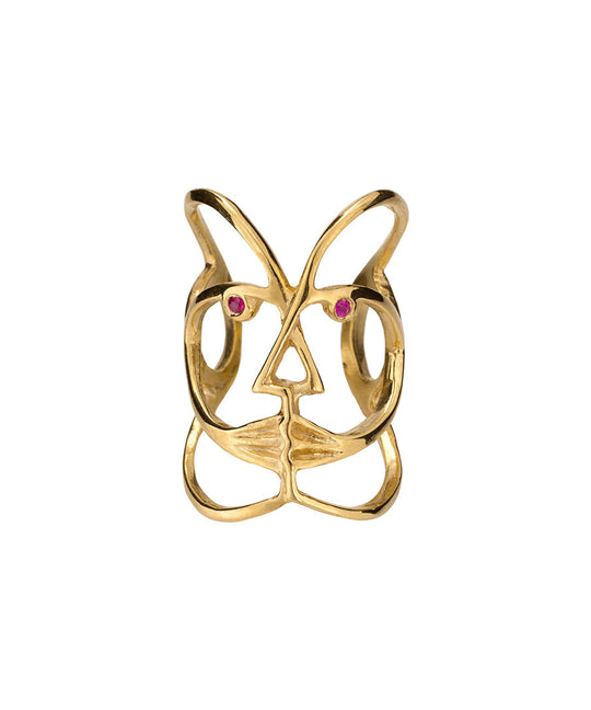 Anel em prata 925 e banho de ouro 18k de rosto abstrato adornado com rubis