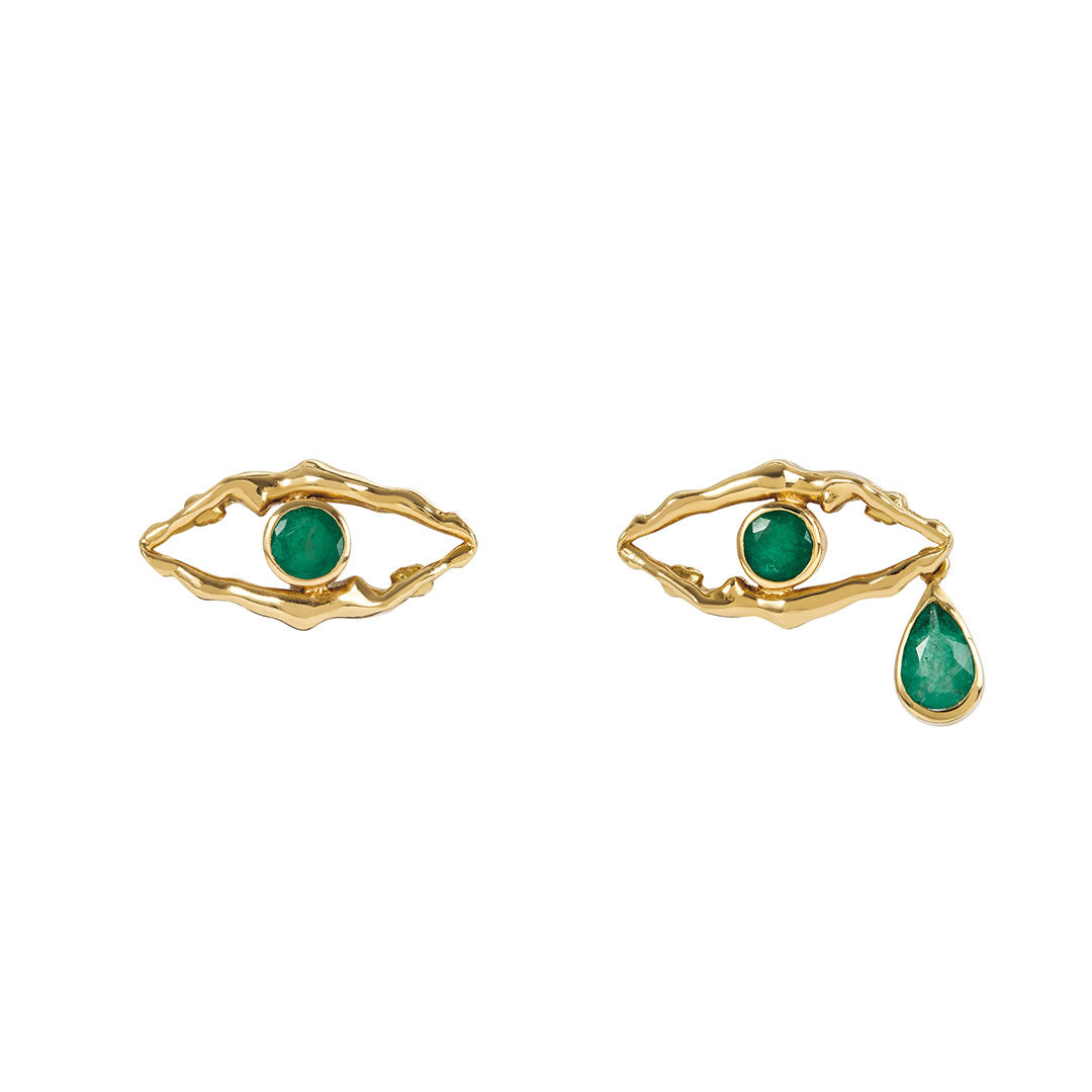 Brincos Paola Vilas em ouro 18k e esmeraldas de corpos formando olhos