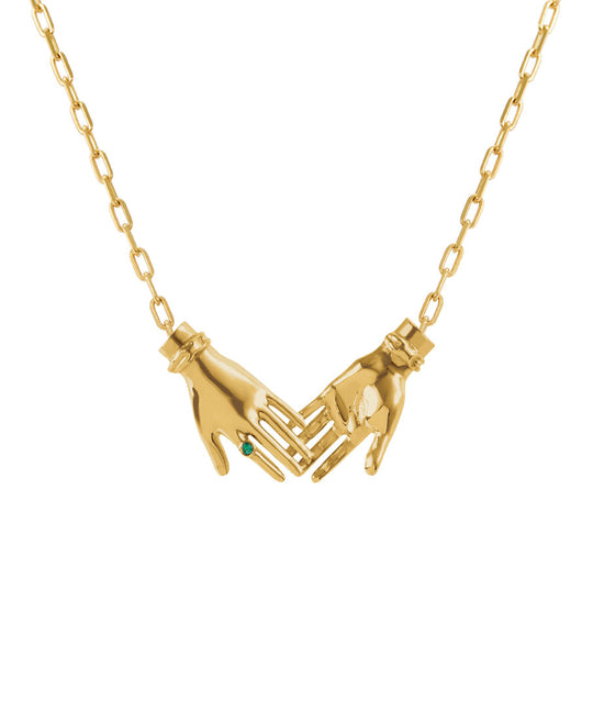 Colar Paola Vilas de mãos dadas em prata 925 com banho de ouro 18k e esmeralda