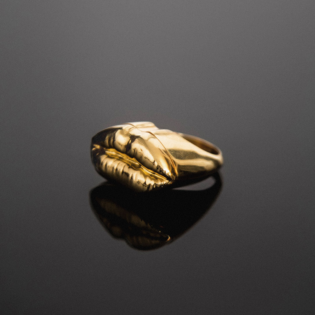 Anel chevalier de boca com compartimento em prata 925 e banho de ouro 18k 