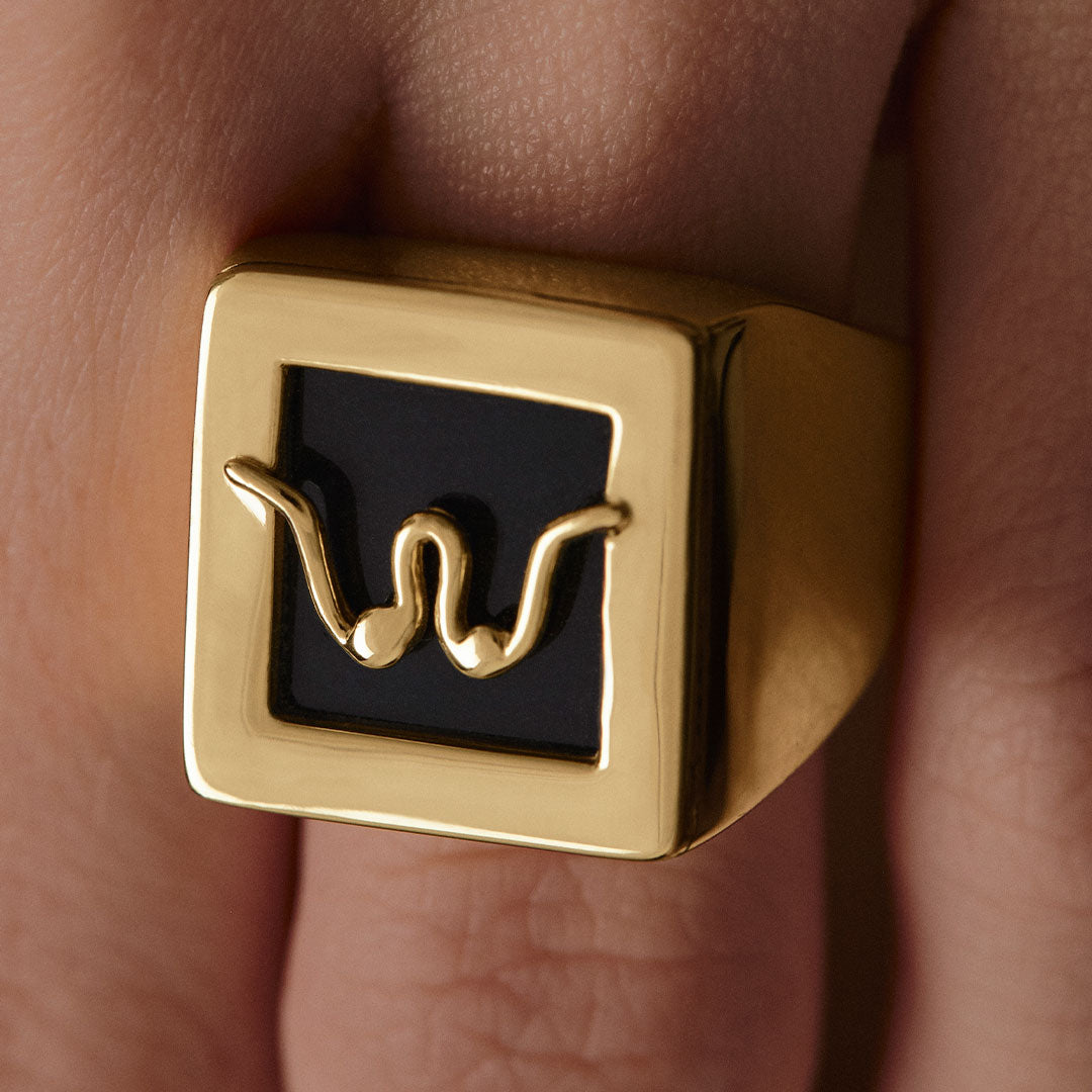 Modelo usando anel chevalier Paola Vilas em prata 925 com banho em ouro 18k de seios asbtrato