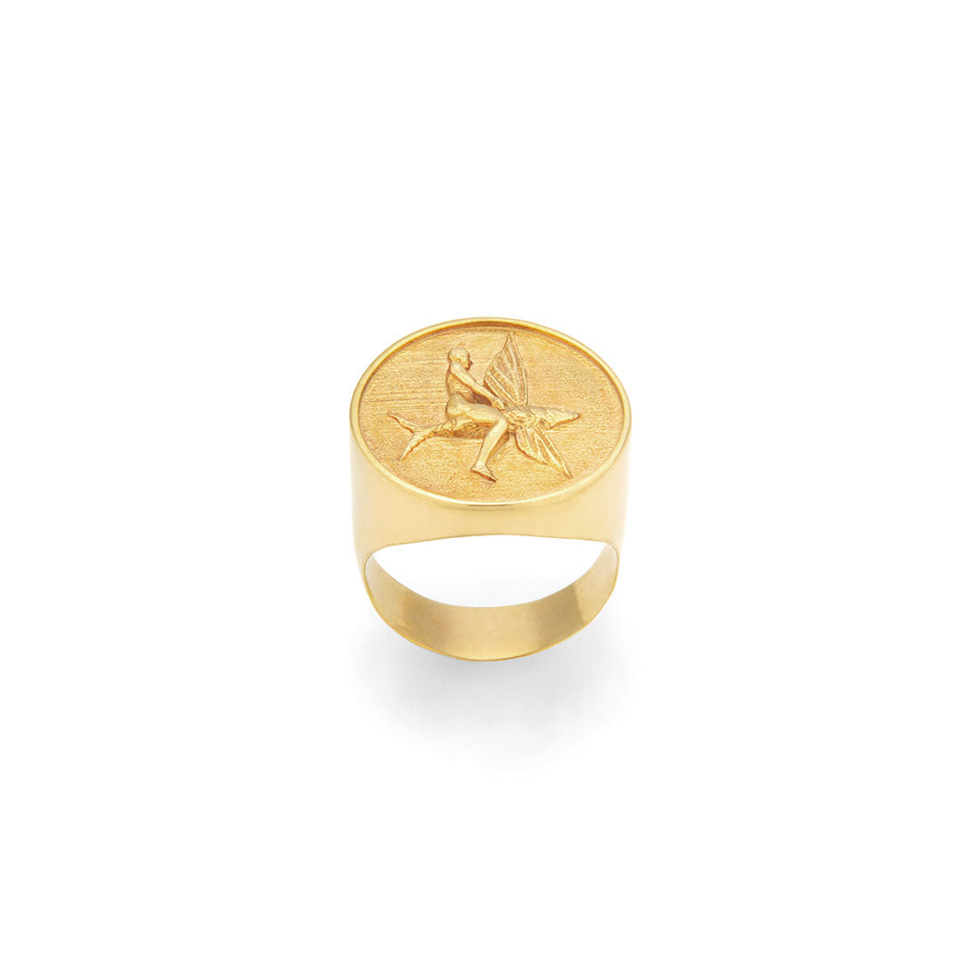 Anel chevalier em prata 925 com banho de ouro 18k de peixe voador