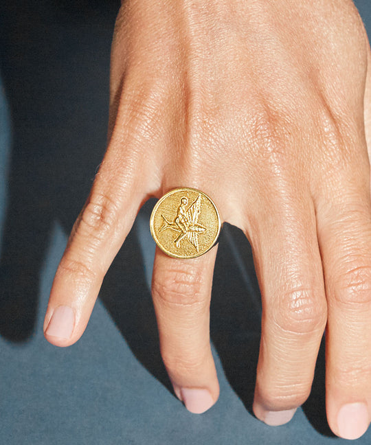 Modelo usando anel chevalier em prata 925 com banho de ouro 18k de peixe voador
