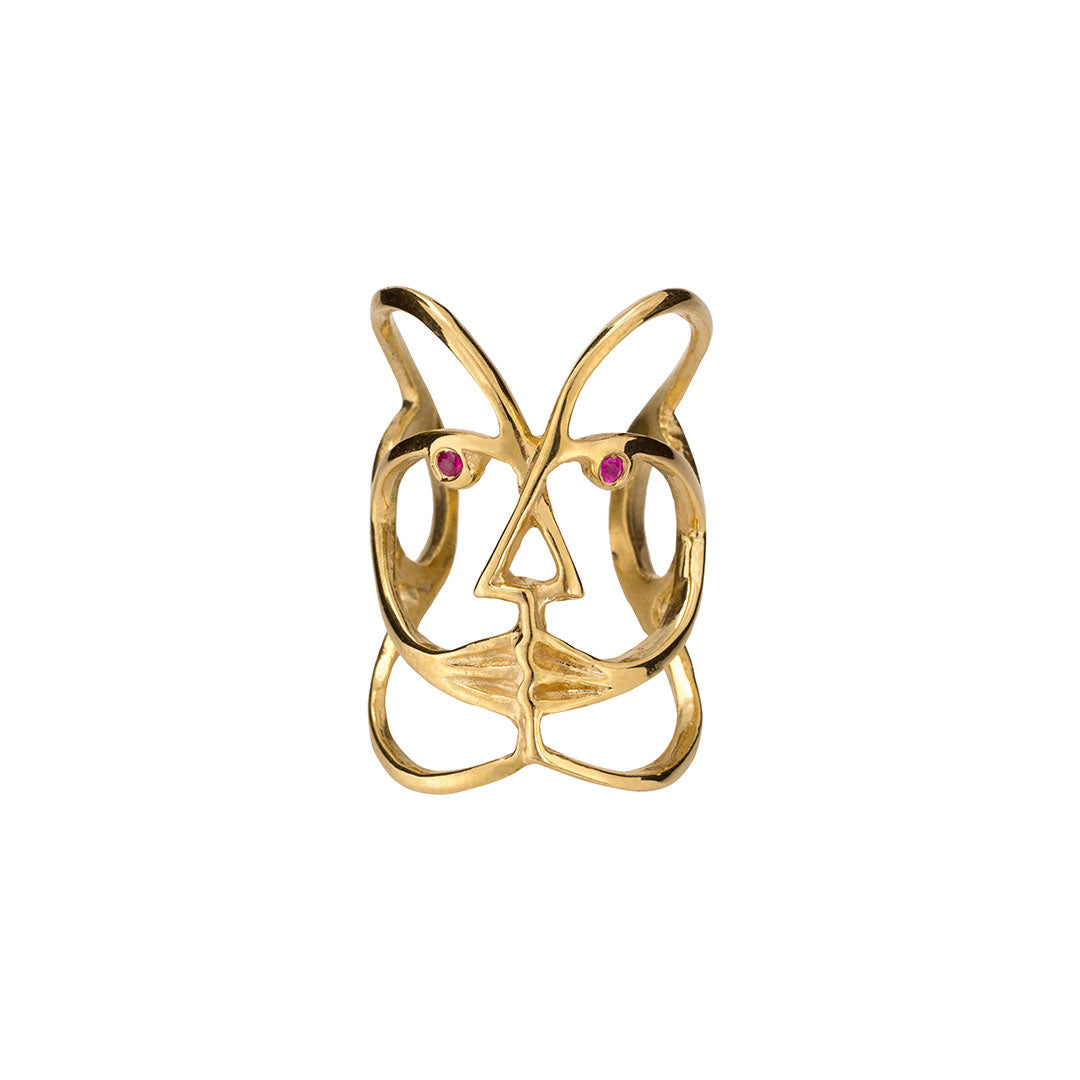 Anel em prata 925 e banho de ouro 18k de rosto abstrato adornado com rubis
