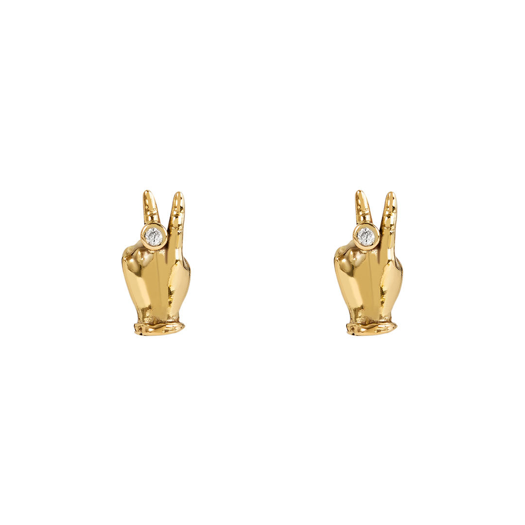 Brincos Paola Vilas de mão em sinal de paz em ouro 18k e diamantes