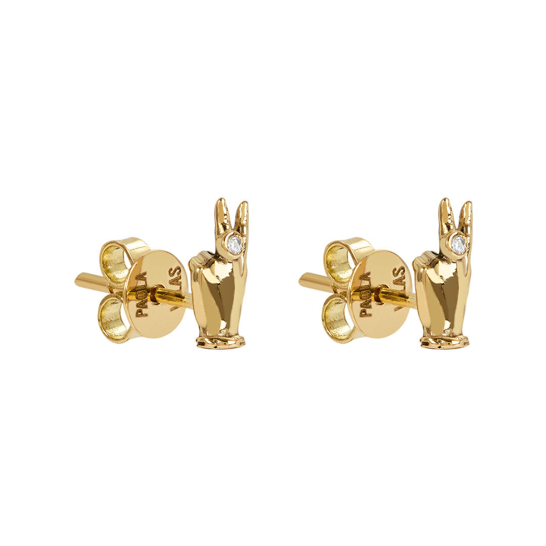 Brincos Paola Vilas em ouro 18k de mini mão em sinal de paz com diamantes
