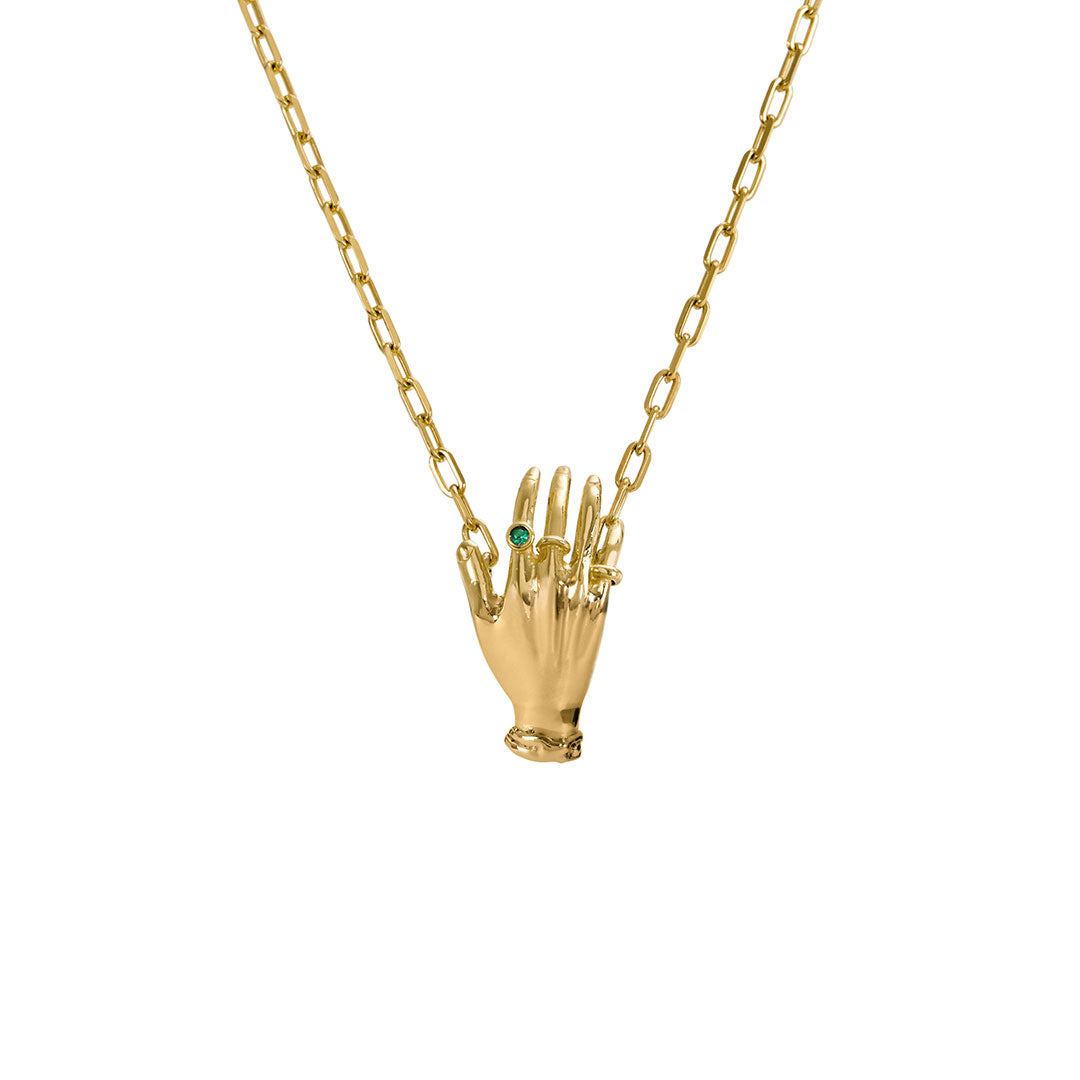 Colar Paola Vilas de mão em prata 925 e banho de ouro 18k adornada com esmeralda